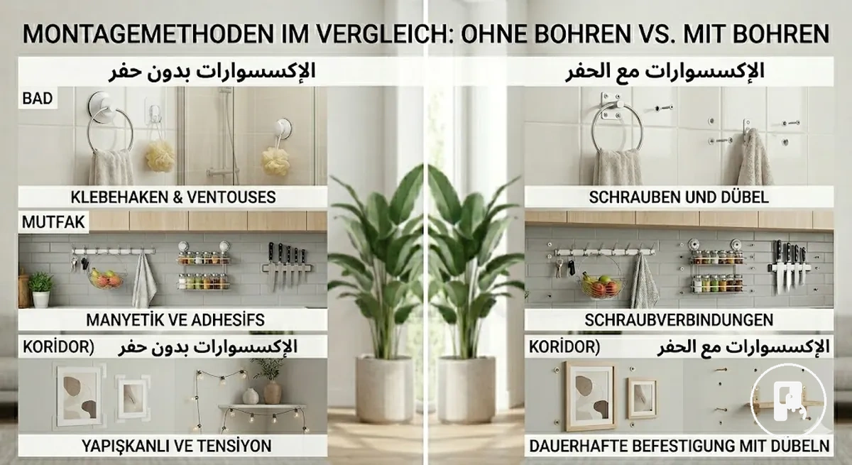 مقارنة جنبًا إلى جنب بين خيارات تثبيت الإكسسوارات المنزلية بدون حفر ومع الحفر