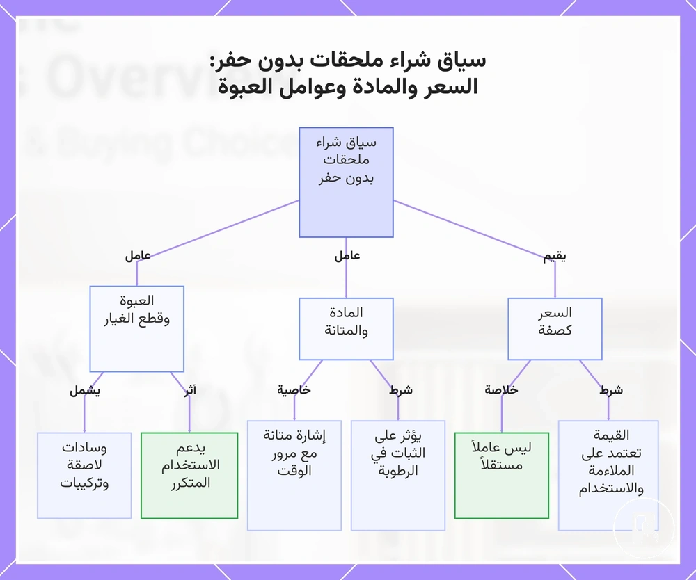 سياق شراء ملحقات بدون حفر: السعر والمادة وعوامل العبوة