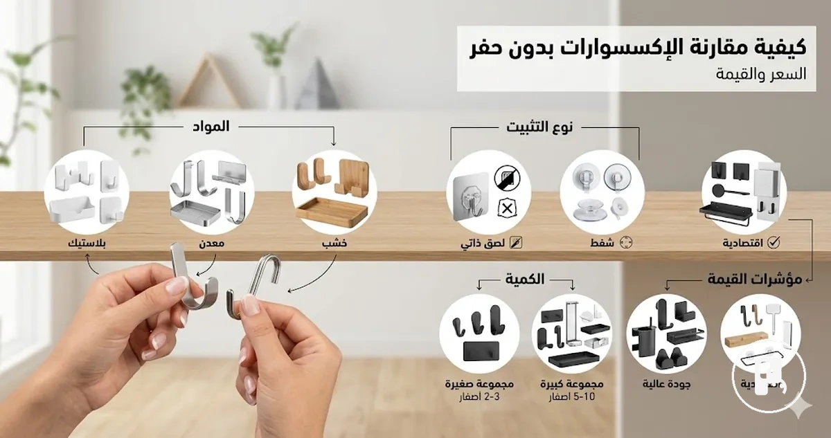 إكسسوارات منزلية بدون حفر تتم مقارنتها حسب الخامة ونوع التثبيت والكمية والقيمة