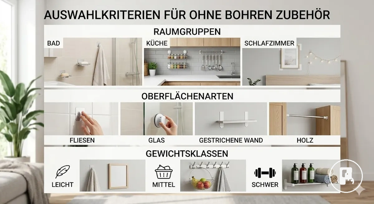 Wohnaccessoires ohne Bohren gruppiert nach Raum, Oberflächentyp und erwartetem Gewicht