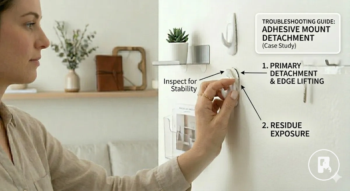 Lockeres Wohnaccessoire ohne Bohren mit typischen Anzeichen für Abfallen und Befestigungsfehler