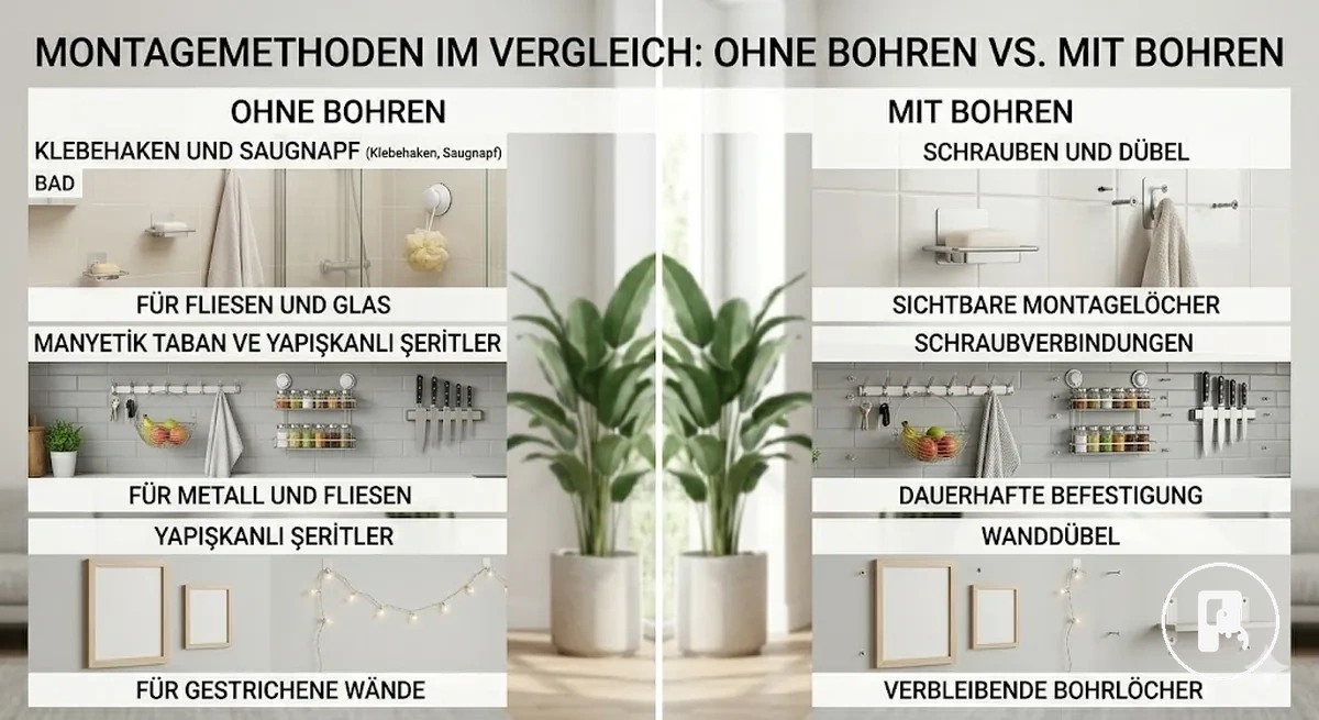 Direkter Vergleich von Montageoptionen für Wohnaccessoires ohne Bohren und mit Bohrung