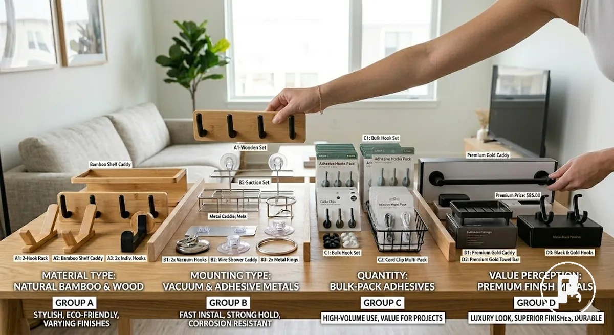 Wohnaccessoires ohne Bohren verglichen nach Material, Befestigungsart, Menge und Wert