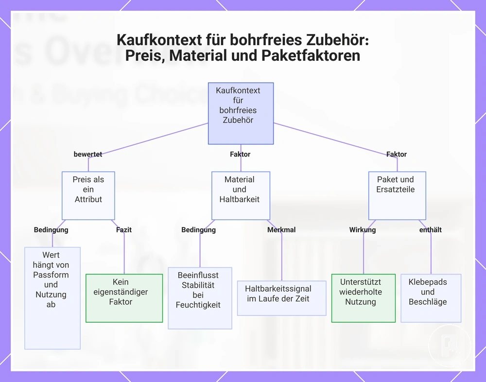 Kaufkontext für bohrfreies Zubehör: Preis, Material und Paketfaktoren
