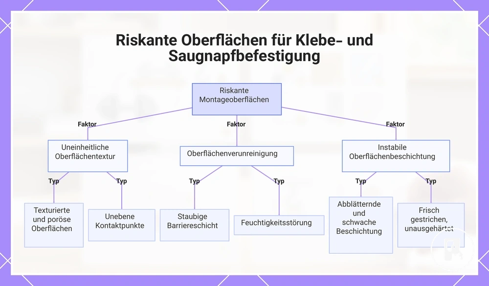 Riskante Oberflächen für Klebe- und Saugnapfbefestigung