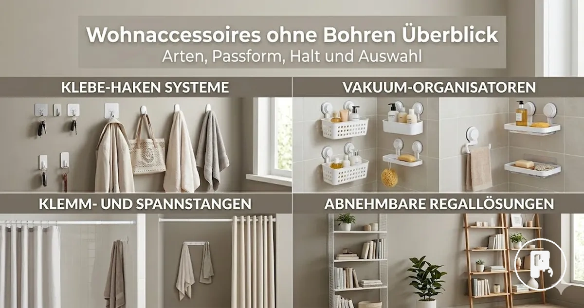 Verschiedene Wohnaccessoires ohne Bohren nach Befestigungsart und Einsatz im Zuhause angeordnet