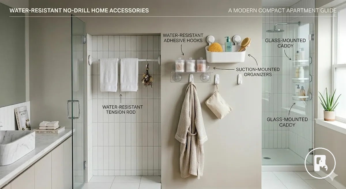 Water-resistant no-drill home accessories installed on bathroom tile and wet-area surfaces