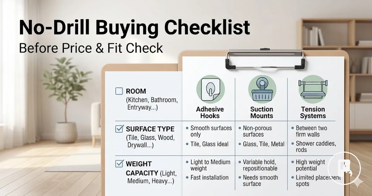 Checklist for comparing no-drill home accessories before checking price and fit