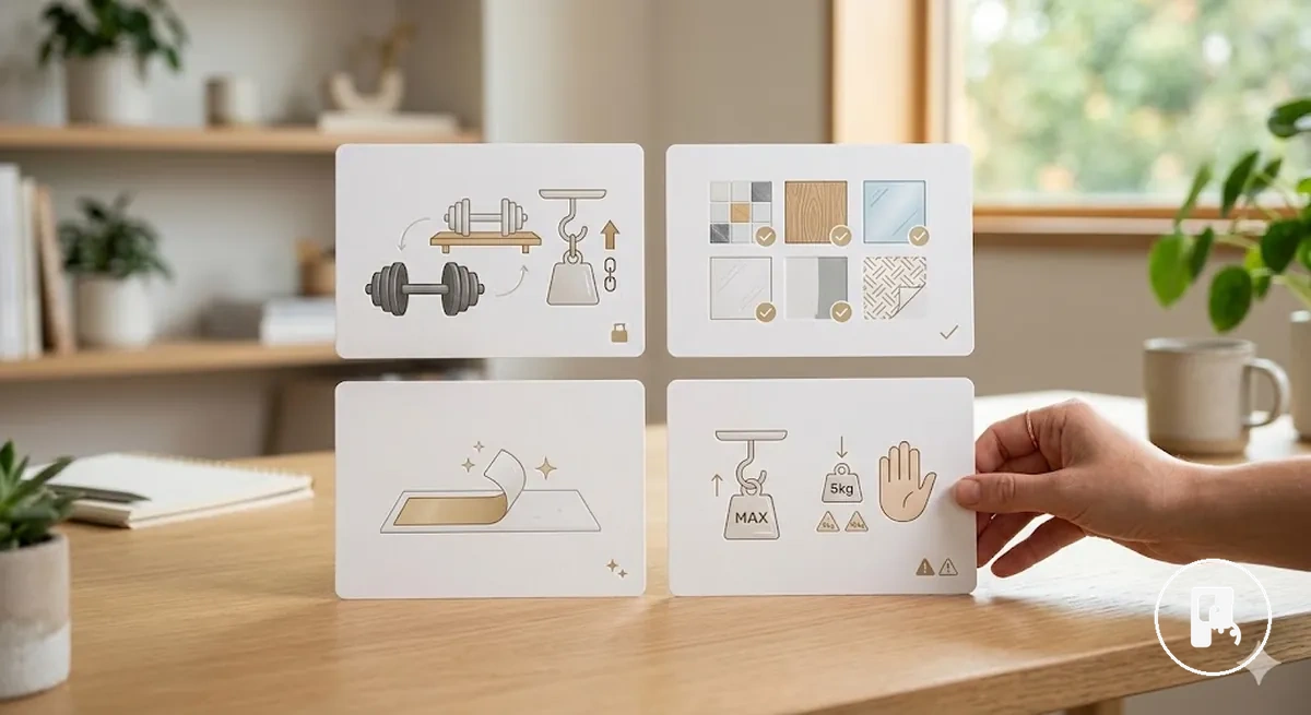 Question cards about no-drill home accessories covering strength, surfaces, removal, and limits