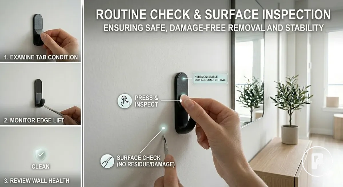 No-drill home accessories being checked for long-term hold and surface condition