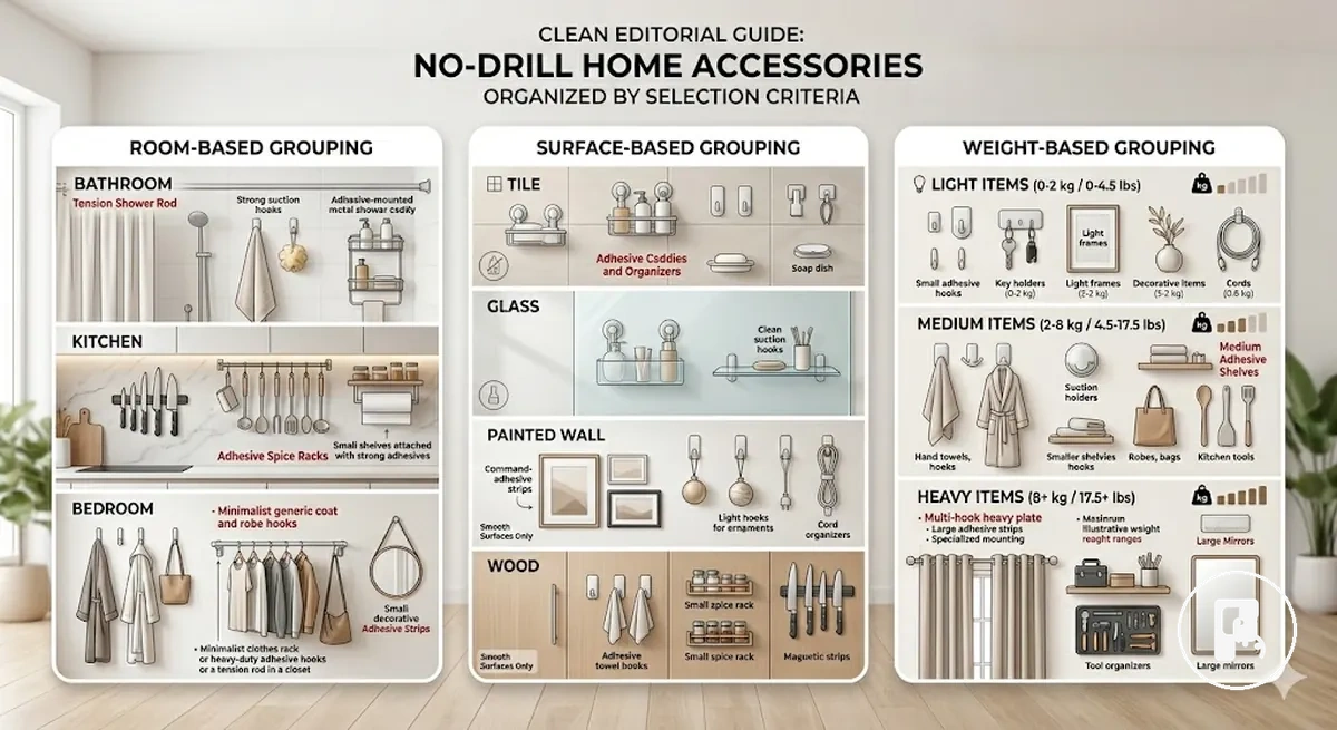 No-drill home accessories grouped by room, surface type, and expected weight