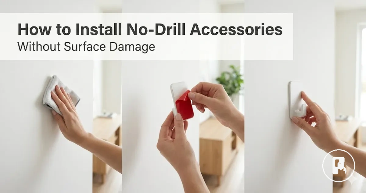 Step-by-step installation of a no-drill home accessory on a clean smooth surface