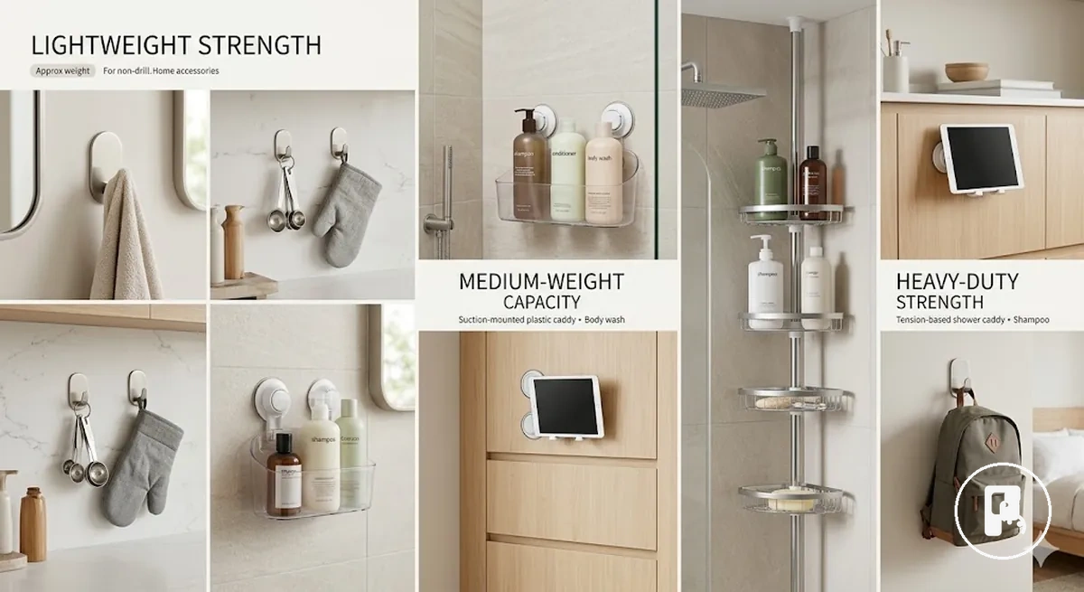 No-drill home accessories showing different load capacity and holding strength use cases