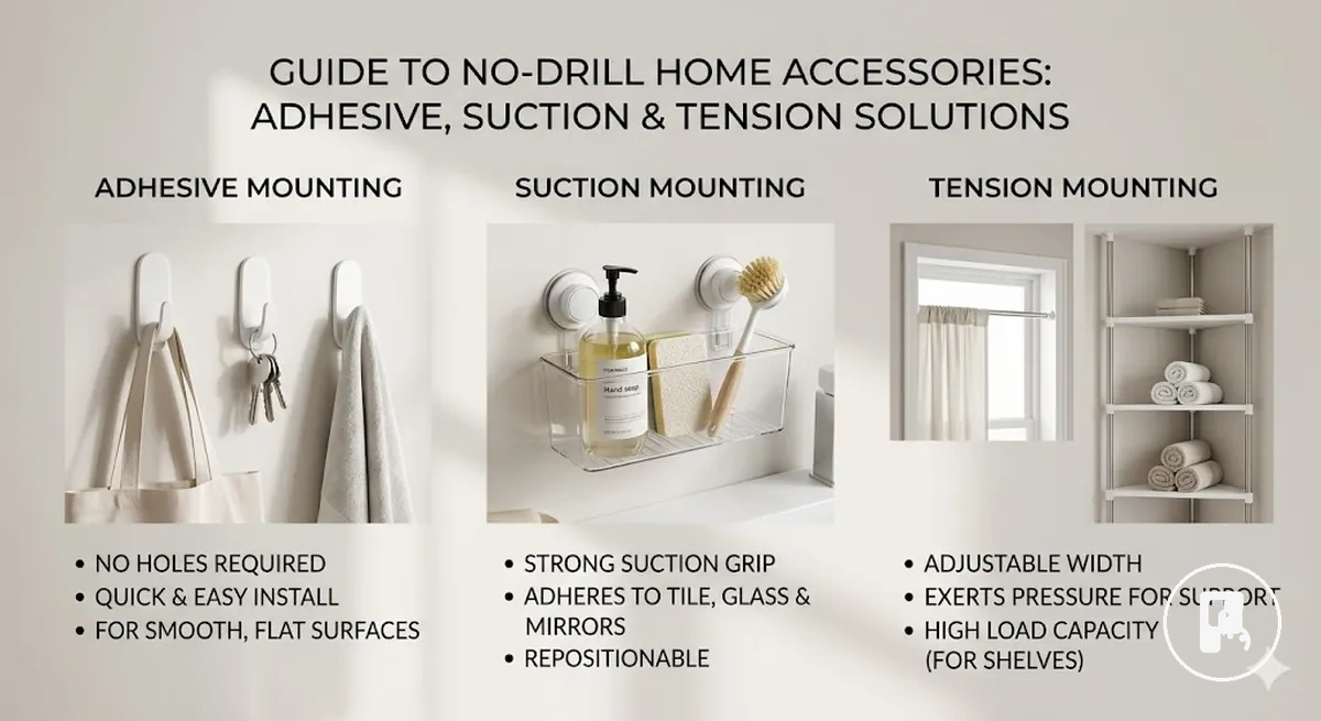Comparison of adhesive, suction, tension, and clip-on no-drill accessory mounting methods