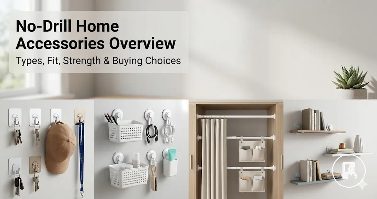 Range of no-drill home accessories arranged by mounting type and home use
