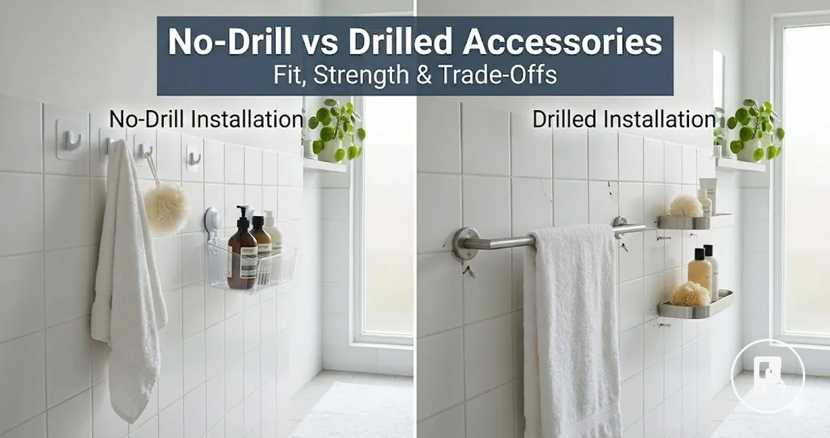 Side-by-side comparison of no-drill and drilled home accessory mounting options
