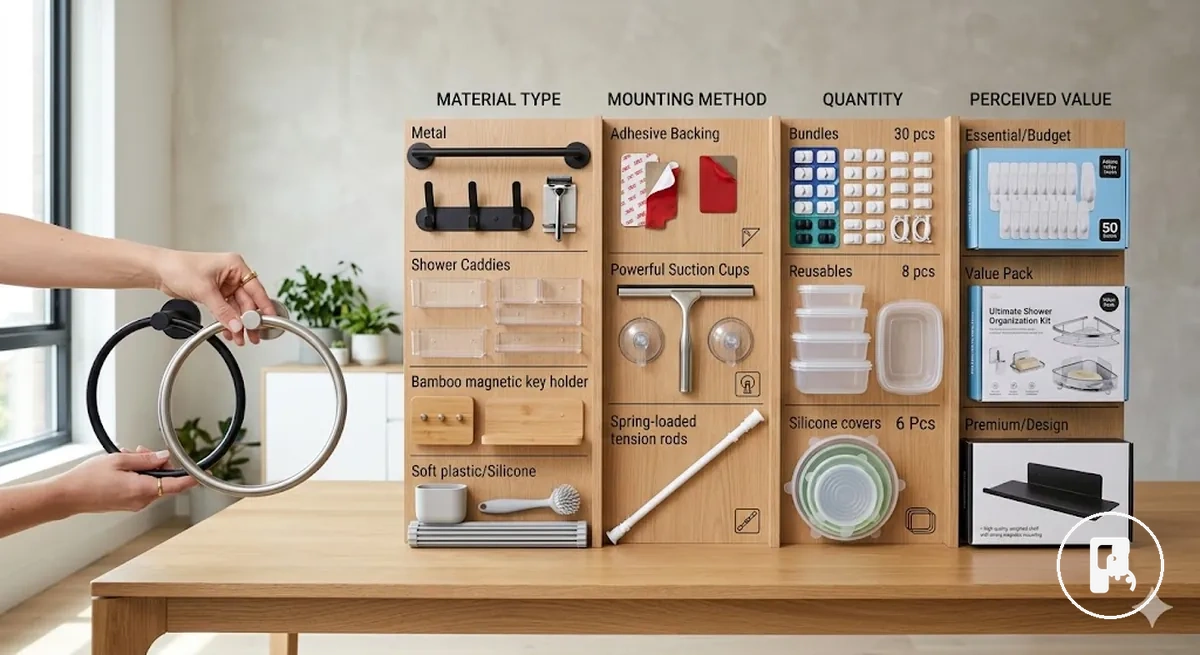 No-drill home accessories compared by material, mounting type, quantity, and value