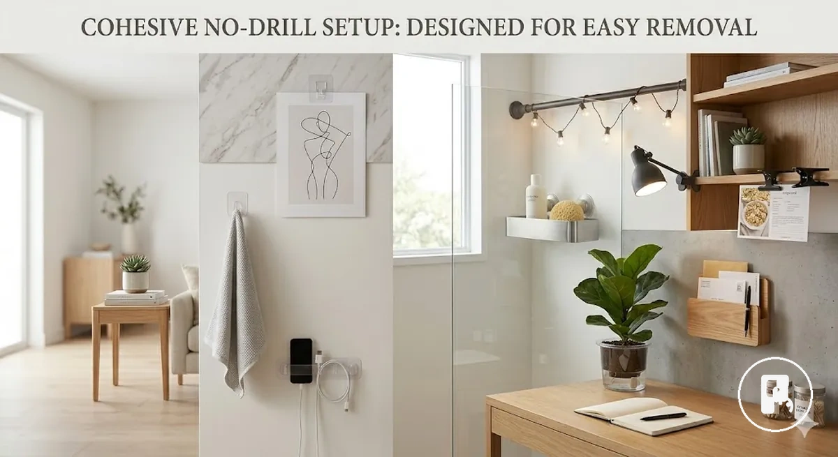 Removable no-drill home accessories used in a renter-friendly temporary home setup