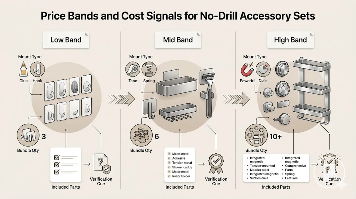 price band signals for no-drill accessory sets by mounting type material and included parts