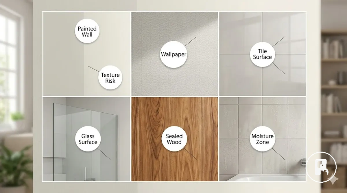 wall surface types and finishes that change no-drill accessory damage risk