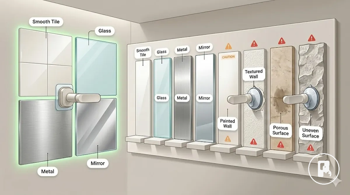 Surface groups for no-drill accessories including tile, glass, painted wall, and textured wall