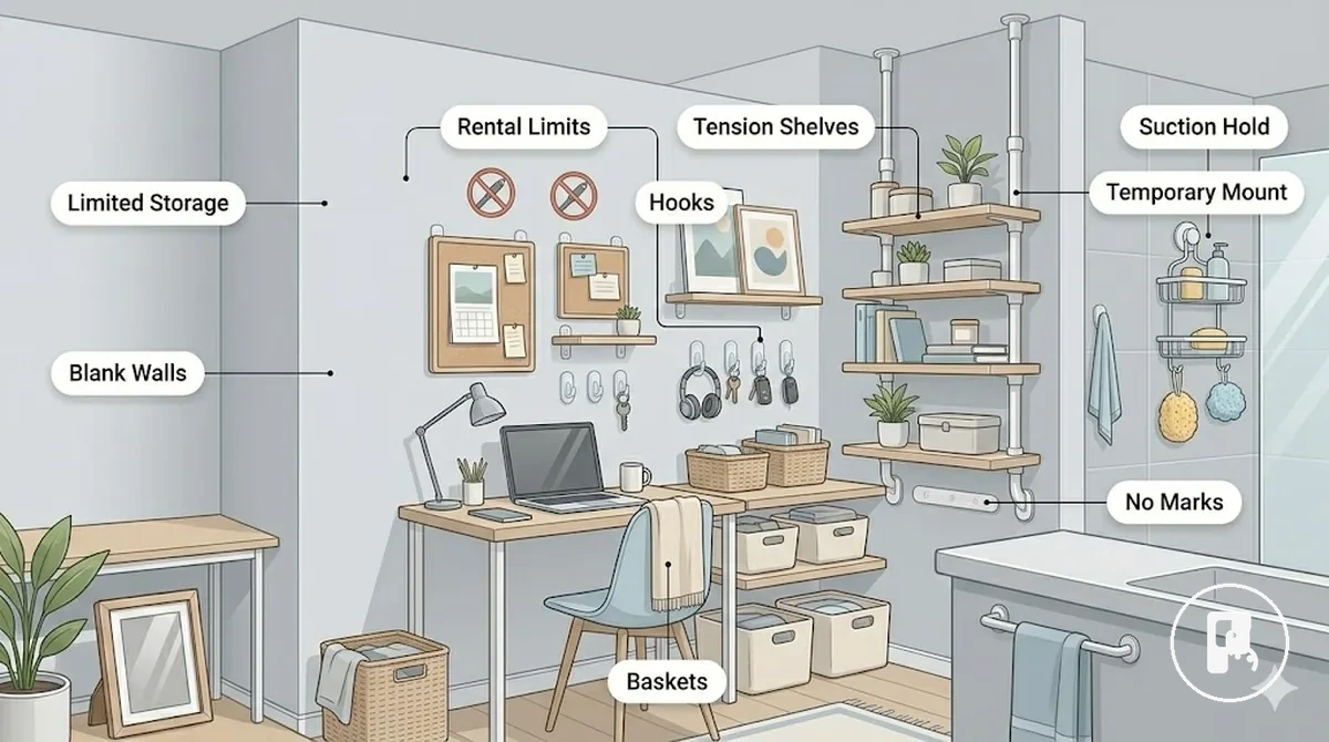 no-drill accessories solving temporary storage and wall organization problems in a rental room