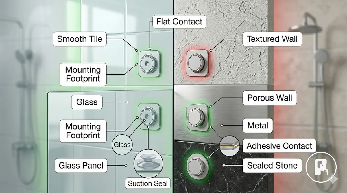 no-drill bathroom accessory mounted on smooth tile or glass with visible flat contact area