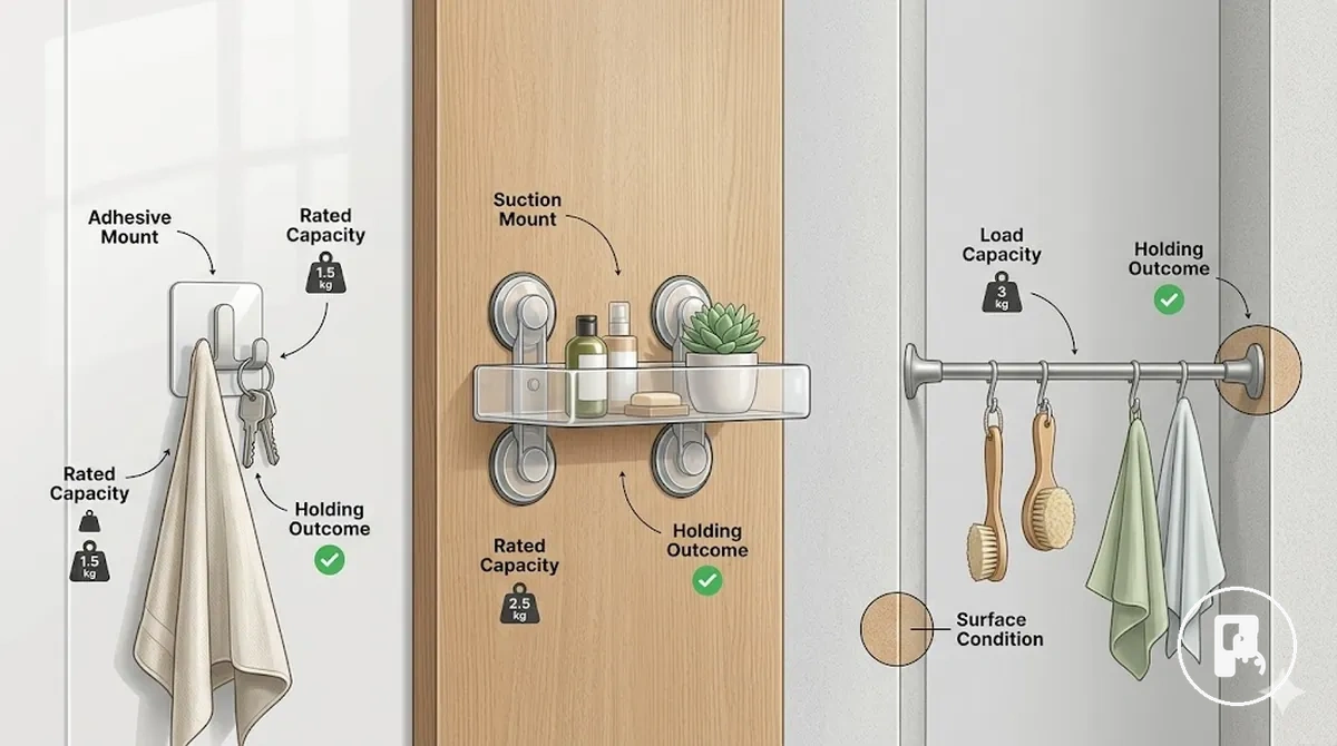 No-drill accessory with load capacity and everyday use conditions illustrated on a wall surface
