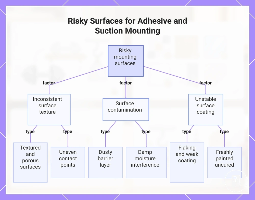 Risky Surfaces for Adhesive and Suction Mounting