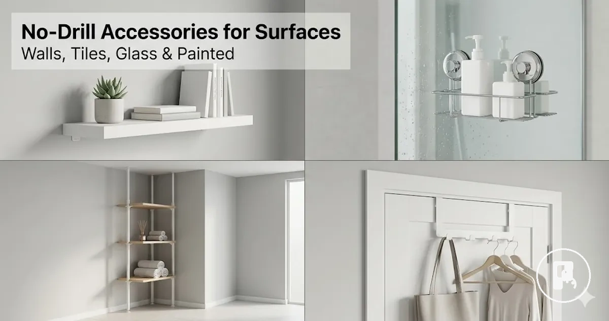 No-drill home accessories mounted on tile, glass, painted wall, and smooth wall surfaces