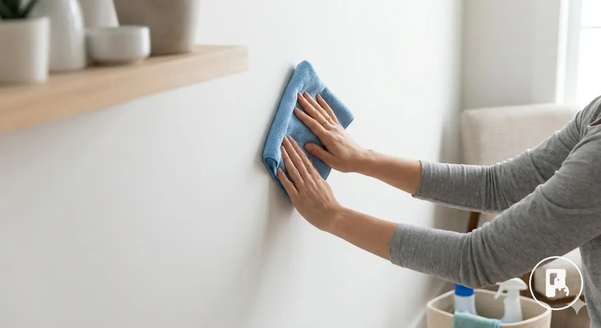 Smooth wall surface being cleaned and prepared before installing no-drill home accessories