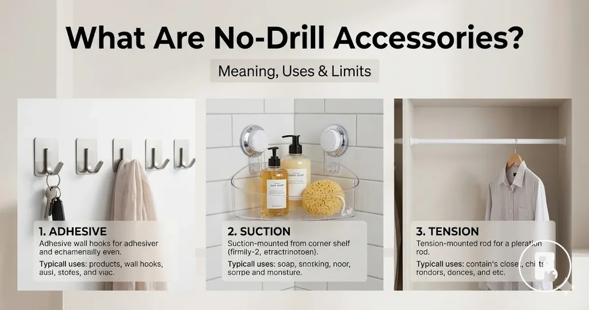 Examples of no-drill home accessories showing adhesive, suction, and tension mounting styles