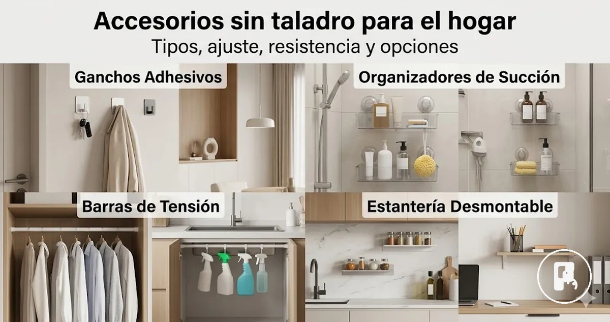 Variedad de accesorios para el hogar sin taladro ordenados por tipo de fijación y uso doméstico