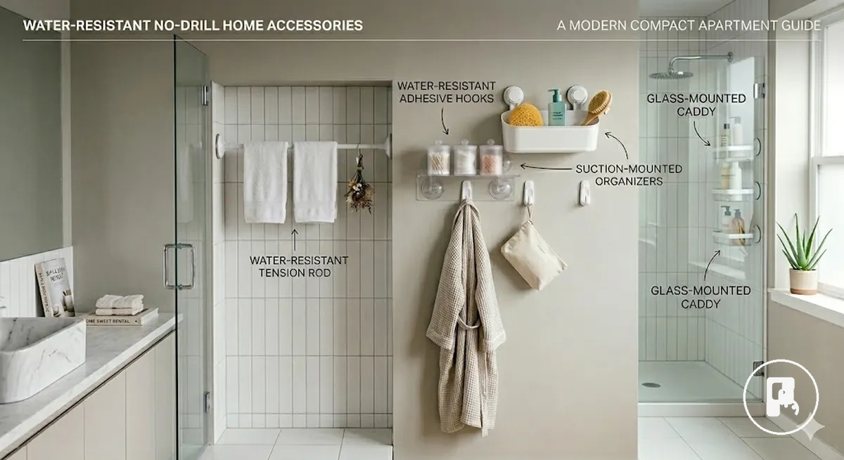 Accesorios para el hogar sin taladro resistentes al agua instalados en azulejos de baño y superficies húmedas