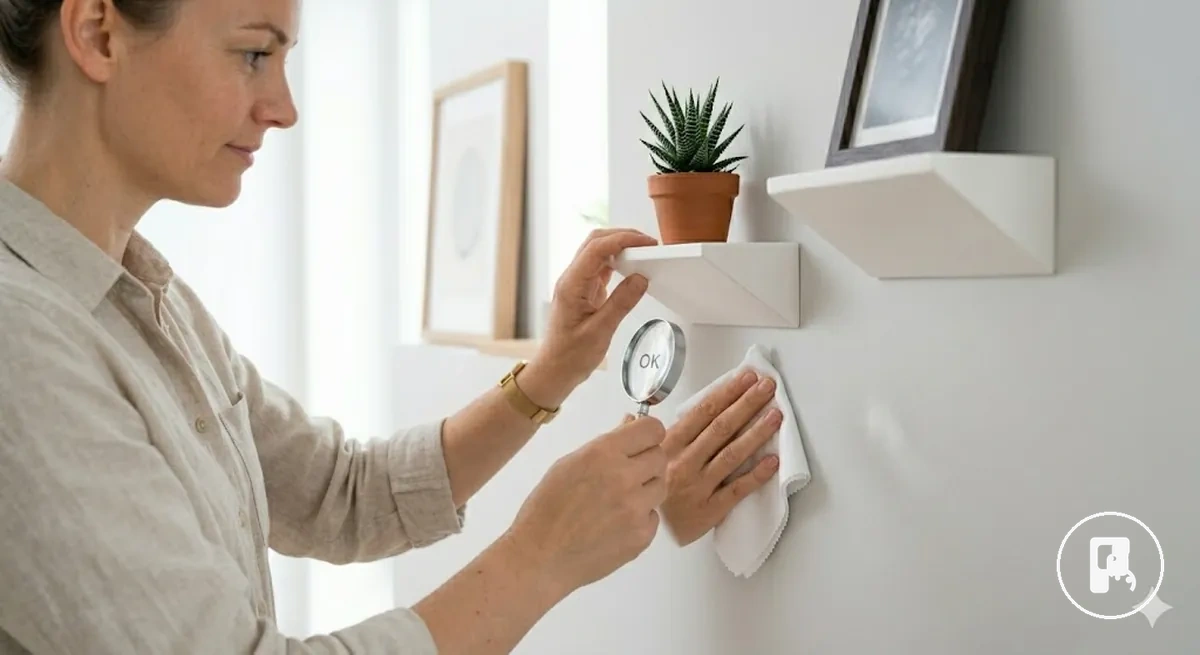 Montaje de pared sin daños con accesorios para el hogar sin taladro desmontables sobre una superficie limpia
