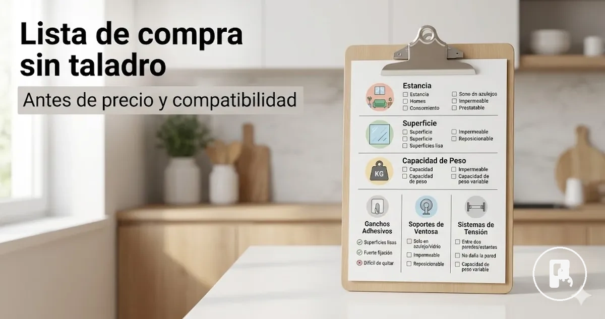 Lista para comparar accesorios para el hogar sin taladro antes de mirar precio y compatibilidad