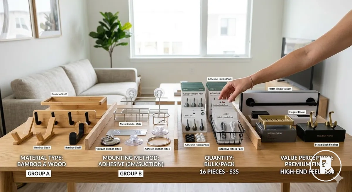 Accesorios para el hogar sin taladro comparados por material, tipo de fijación, cantidad y valor