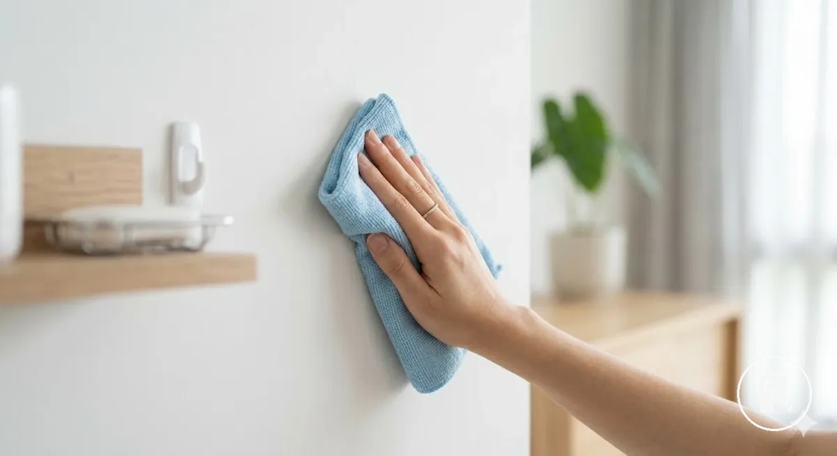 Superficie lisa de pared limpiada y preparada antes de instalar accesorios para el hogar sin taladro
