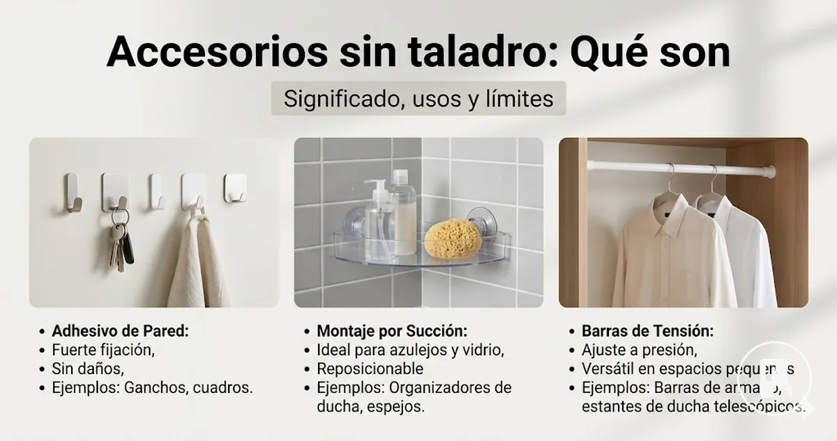 Ejemplos de accesorios para el hogar sin taladro con fijación adhesiva, de ventosa y por tensión