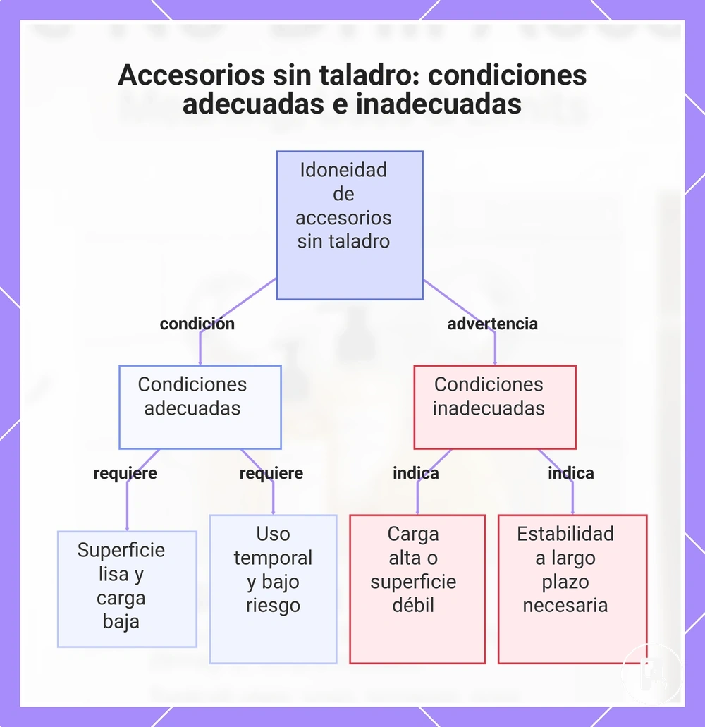 Accesorios sin taladro: condiciones adecuadas e inadecuadas