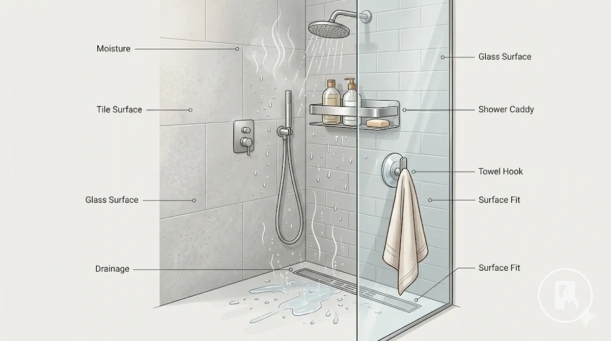 accesorio de baño sin taladro sobre azulejo que muestra factores de superficie y carga en zonas húmedas