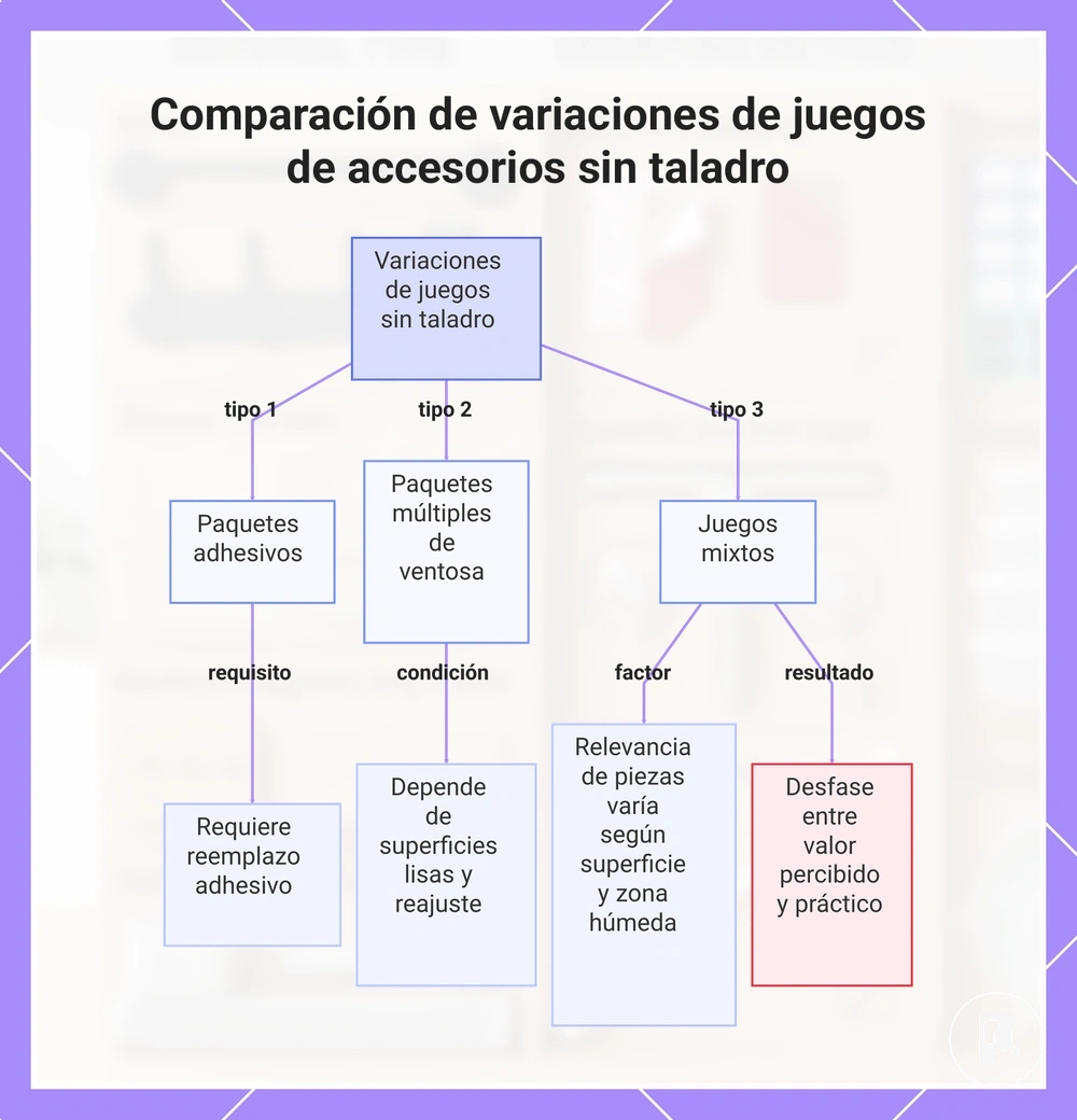 Comparación de variaciones de juegos de accesorios sin taladro