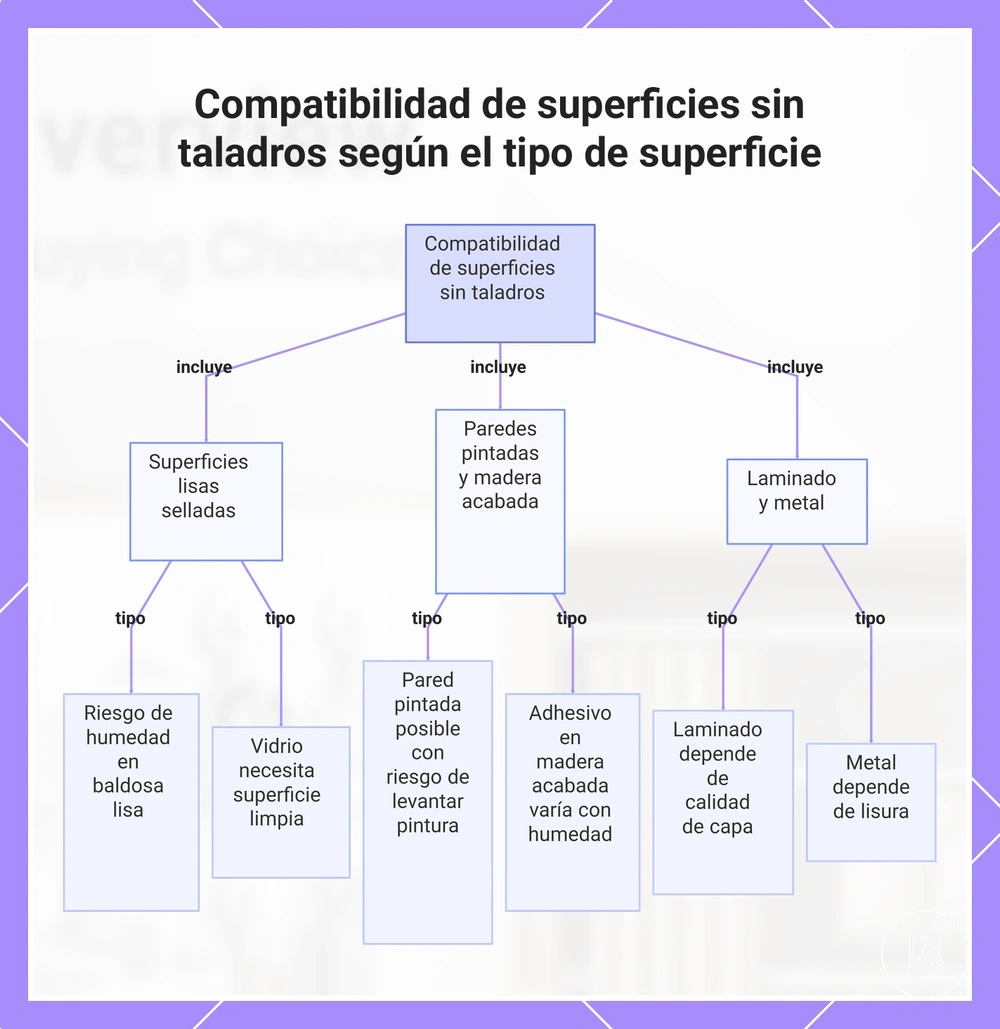 Compatibilidad de superficies sin taladros según el tipo de superficie