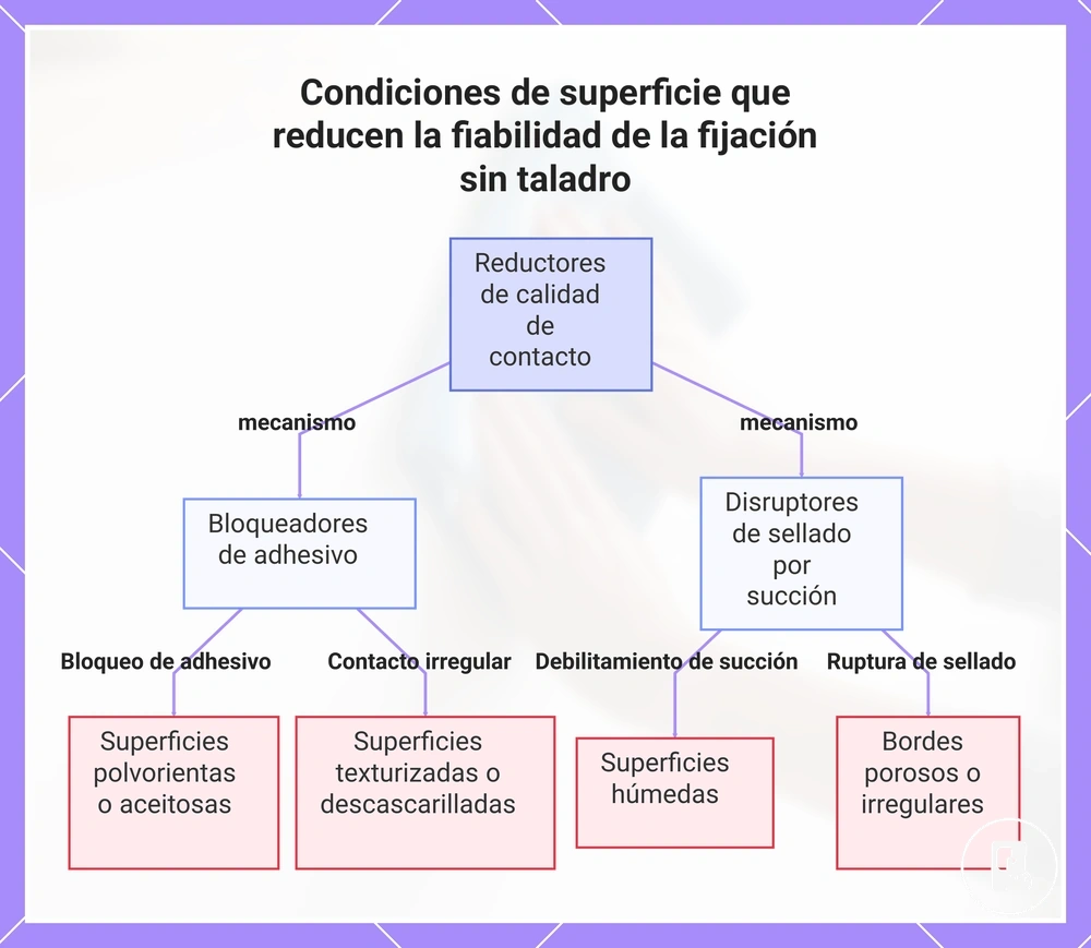 Condiciones de superficie que reducen la fiabilidad de la fijación sin taladro