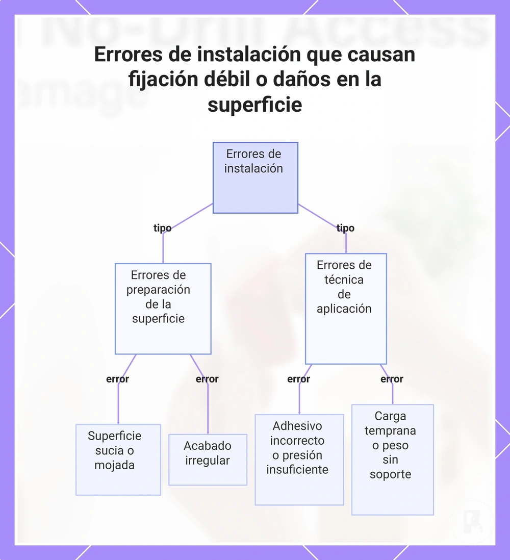 Errores de instalación que causan fijación débil o daños en la superficie
