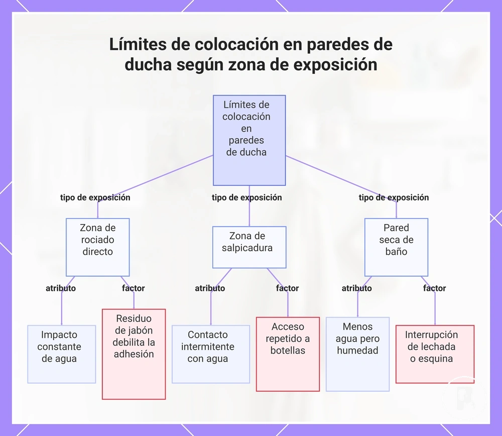 Límites de colocación en paredes de ducha según zona de exposición