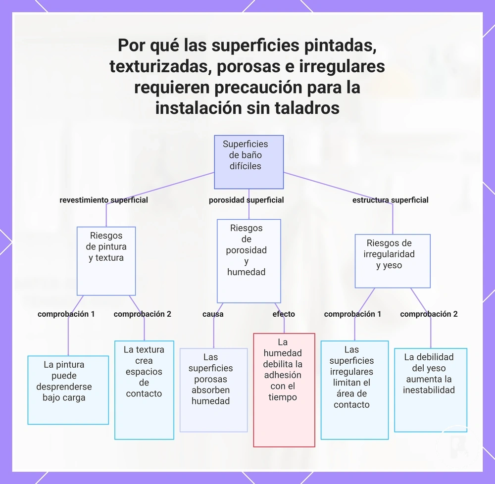 Por qué las superficies pintadas, texturizadas, porosas e irregulares requieren precaución para la instalación sin taladros
