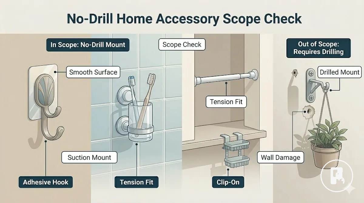 Verificación del alcance de accesorios sin taladro que muestra ejemplos de adhesivo, succión, tensión y clip en diferentes superficies de pared