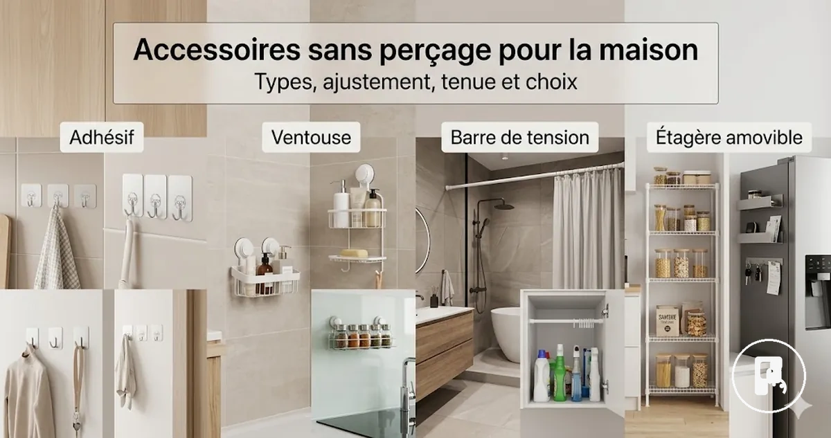 Sélection d’accessoires de maison sans perçage classés par type de fixation et usage domestique