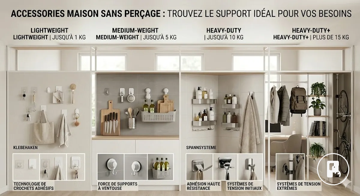 Accessoires de maison sans perçage montrant différents usages selon la capacité de charge et la force de maintien